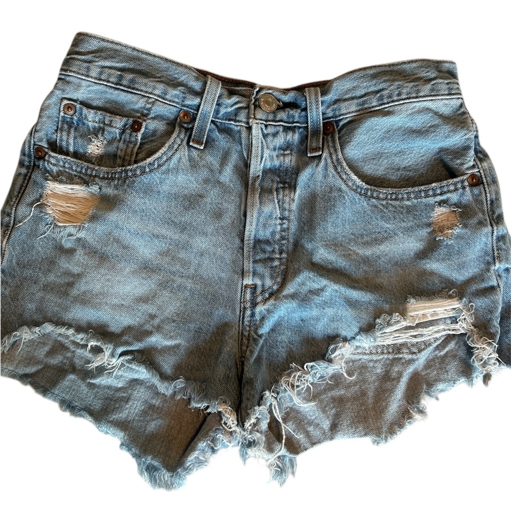 Levi's Blue Distressed Jean Shorts with Raw Hem